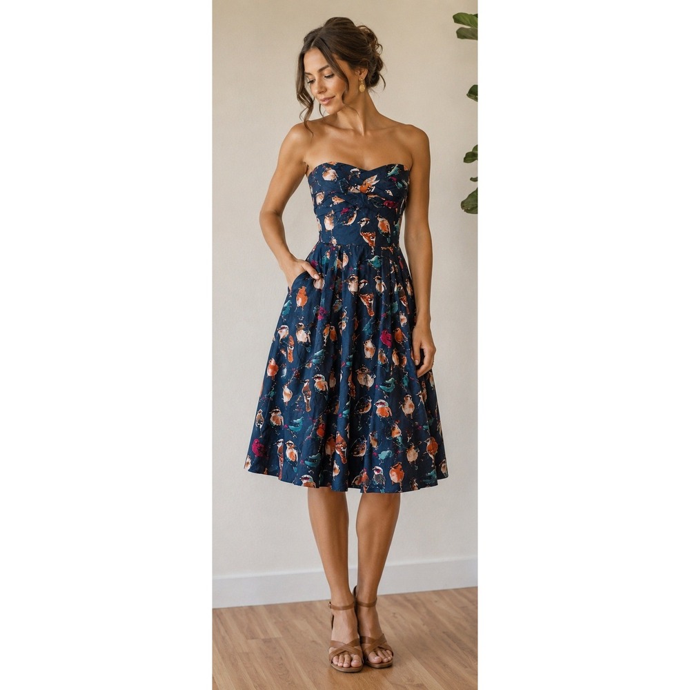 Maeve Anthropologie Strapless Bird Print Cotton Fit Flare Dress Navy Blue 6